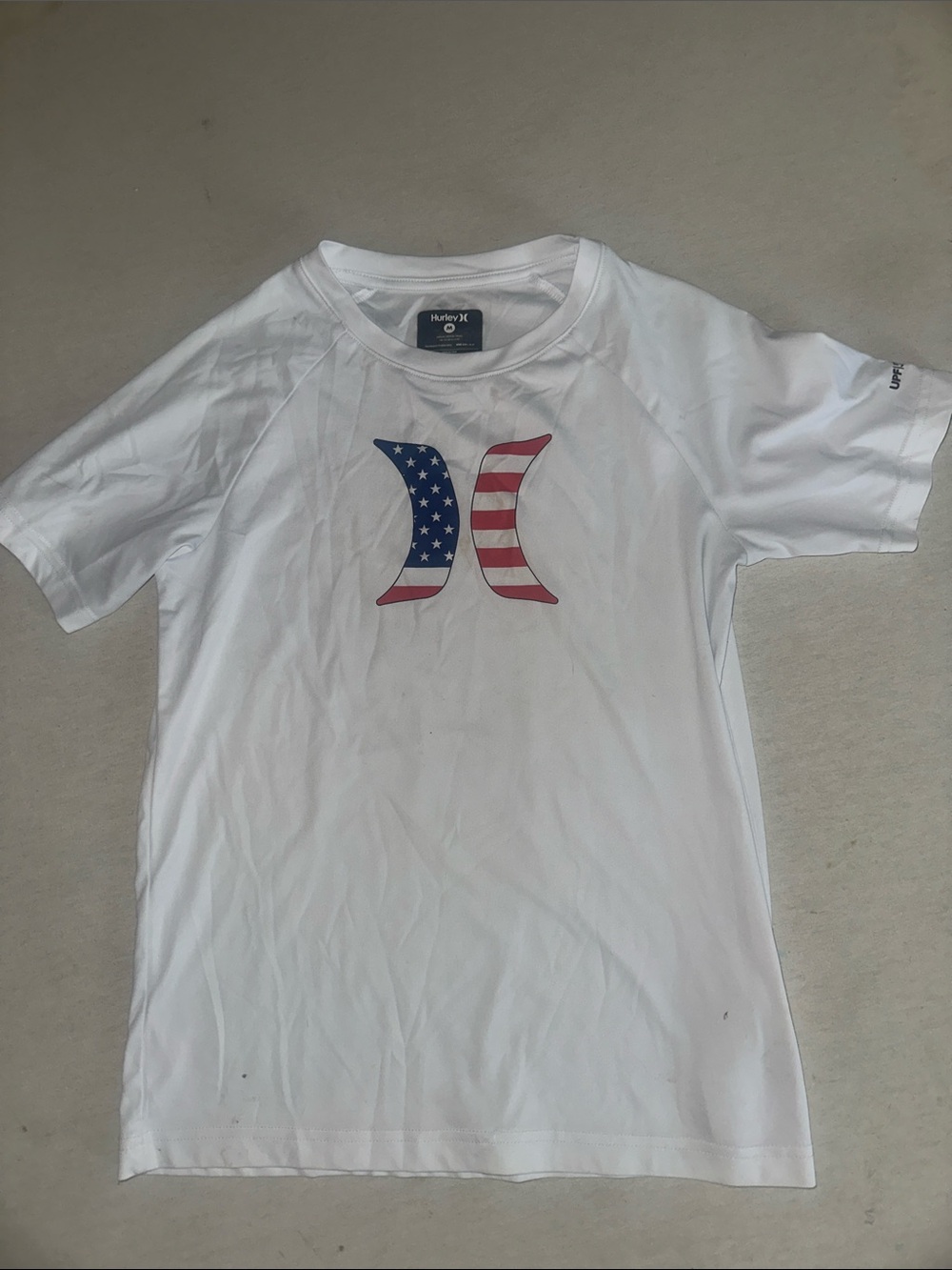 Kids Size M Hurley White Tee with Red & Blue Flag Logo